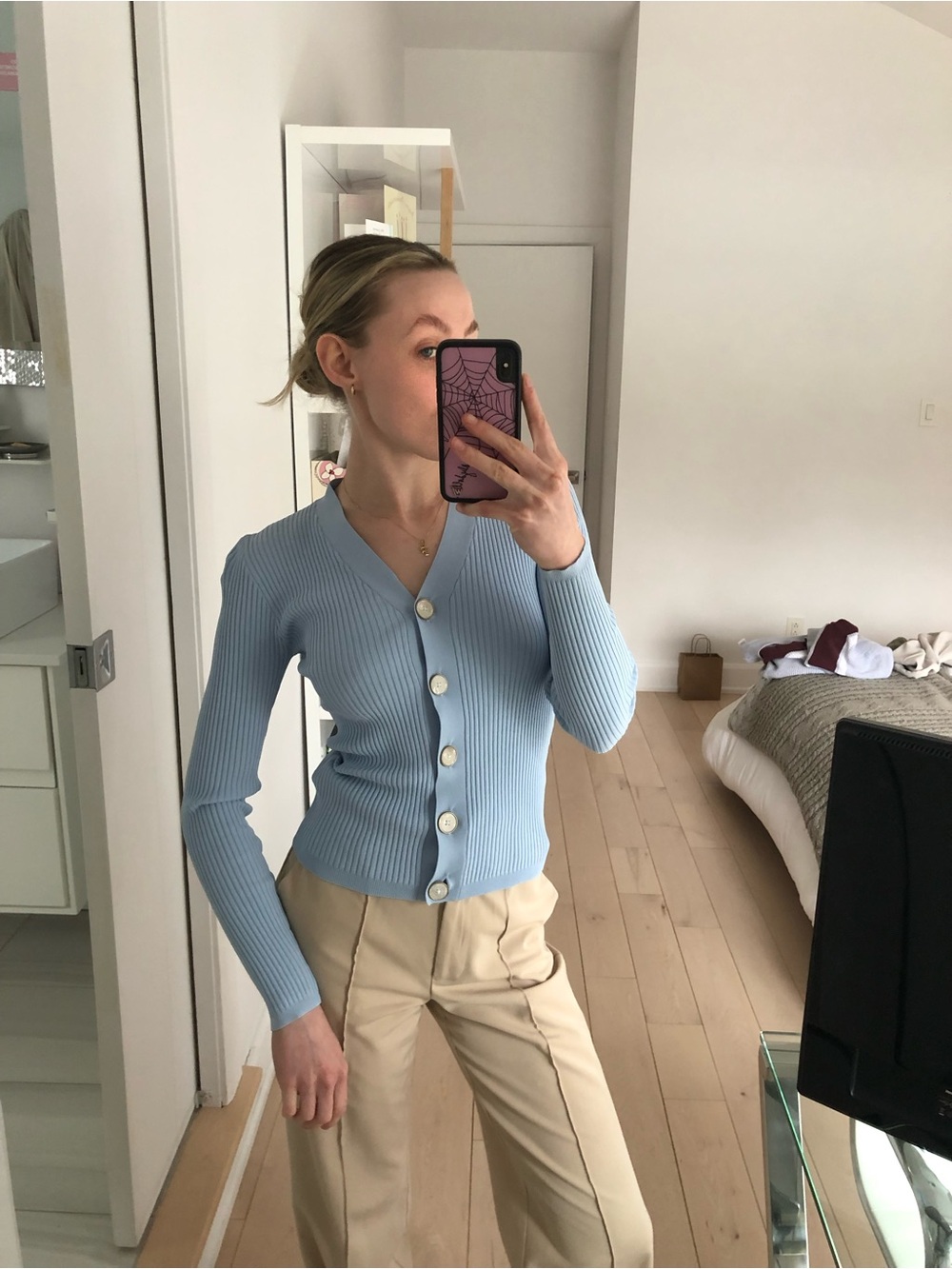 Light Blue Ribbed Button-Front Women's Cardigan Sweater